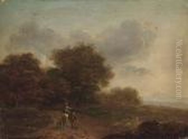 Travellers In An Extensive Landscape Oil Painting by John Rathbone