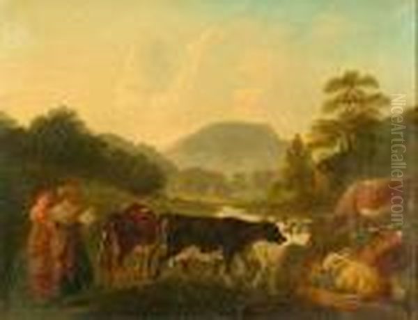 Milkmaids And Cattle In An Extensive Landscape Oil Painting by John Rathbone