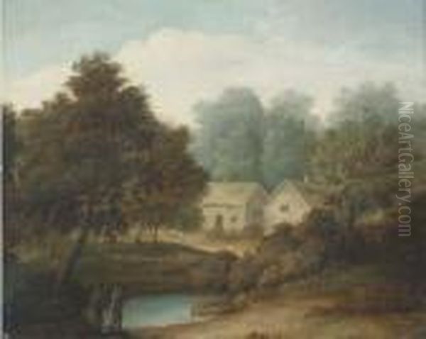 Figures By A Pond With Cottages Beyond Oil Painting by John Rathbone