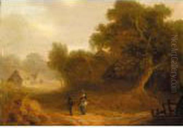 Figures In A Wooded Landscape With Cottages Beyond Oil Painting by John Rathbone