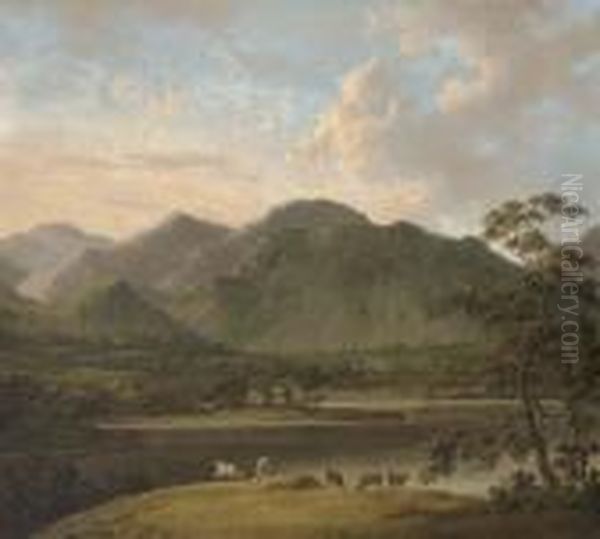 View Of Coniston And Weatherlam,
 With Cattle In The Foreground, Andconiston Old Hall Beyond Oil Painting by John Rathbone