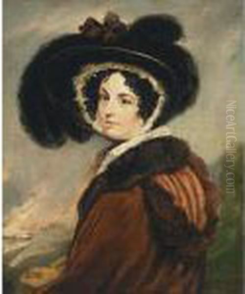 Portrait Of A Lady With A Hat, Said To Be Mrs Opie Oil Painting by John Rathbone