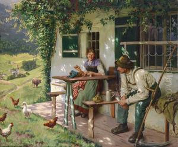 Youngcouple Outside A Farmhouse In Upper Bavaria Oil Painting by Emil Rau