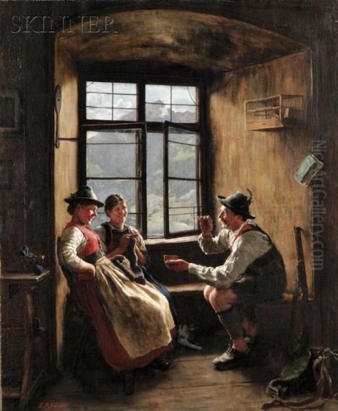 The Delightful Gift / An Alpine Interior Scene Oil Painting by Emil Rau