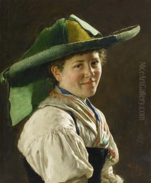 Portrait Of A Dirndl In Costume Oil Painting by Emil Rau