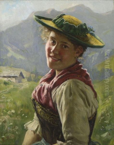 Dirndl Vor Gebirgslandschaft Oil Painting by Emil Rau