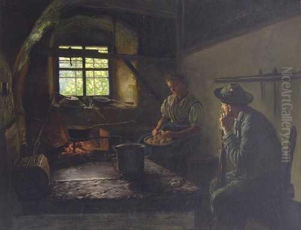 Paar In Der Bauernkuche. Oil Painting by Emil Rau