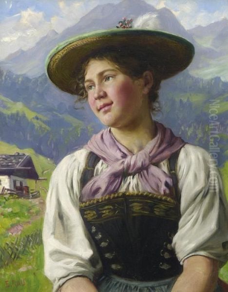 Dirndl Auf Der Alm. Oil Painting by Emil Rau