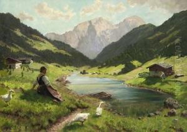 Junge Gansehirtin Am
 Gebirgssee. Oil Painting by Emil Rau