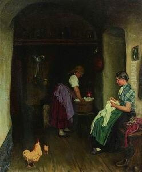 Zwei Wascherinnen In Der
 Bauernkuche. Oil Painting by Emil Rau