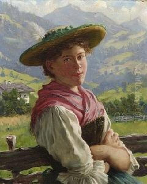 Dirndl Am Zaun Oil Painting by Emil Rau