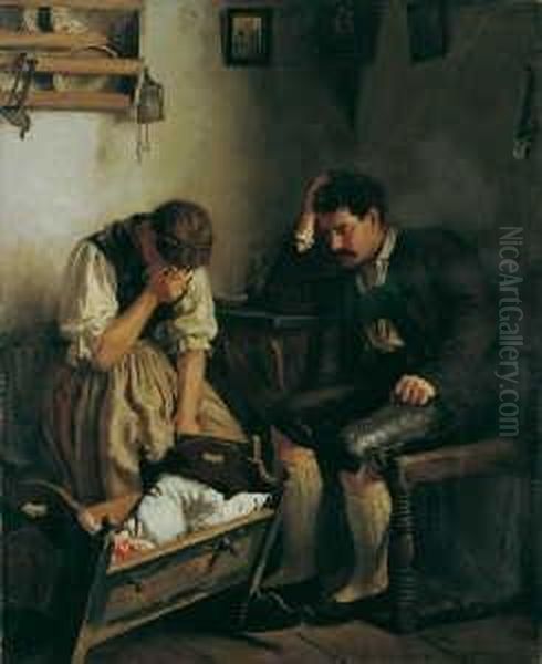 Der Verlust. Signiert Unten Rechts: E. Rau. Ol Auf Leinwand. H 125; B 101 Cm. Oil Painting by Emil Rau