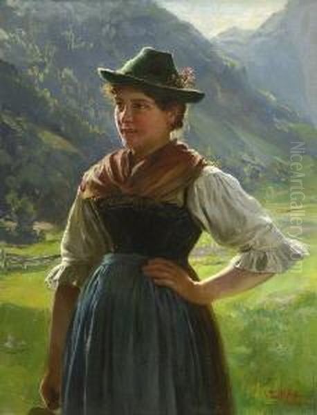 Dirndl In
 Gebirgslandschaft. Oil Painting by Emil Rau