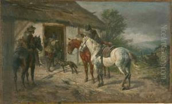 Soldaten Vor Einer Bauernhutte. Oil Painting by Wilhelm Carl Rauber