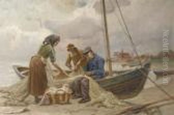 Mending The Nets Oil Painting by Friedrich, Fritz Raupp