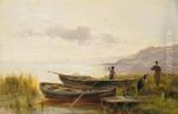 Fisherman On The Bank Of The Chiemsee Oil Painting by Karl Raupp