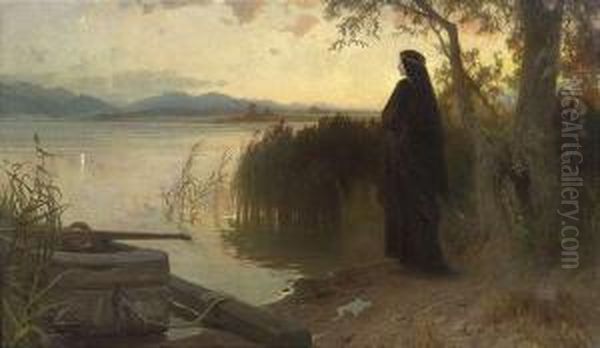 Abbess Irmengard Atthe Shore Of Lake Chiem At Evening Light. Oil Painting by Karl Raupp