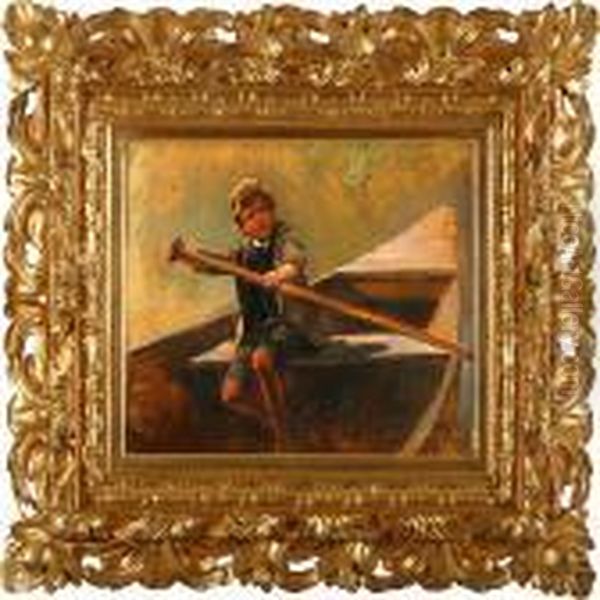 A Boy In A Rowing Boat Oil Painting by Karl Raupp