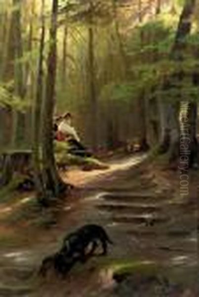 The Nosy Dachshound: A Sunny Spot In The Woods Oil Painting by Karl Raupp