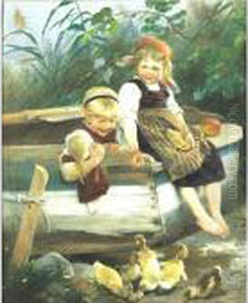 Feeding The Ducklings Oil Painting by Karl Raupp