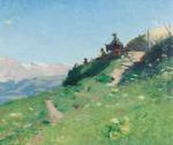 Walliser Gebirgspartie Mit Reiter. Oil Painting by Edouard John E. Ravel