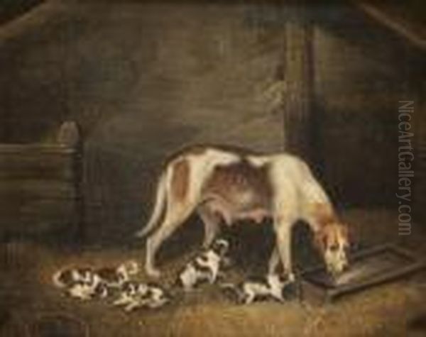 A Bitch With Puppies In A Stable Oil Painting by Samuel Raven