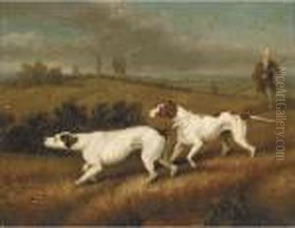 A Huntsman With Two Gundogs; And A Gundog In Heather Oil Painting by Samuel Raven