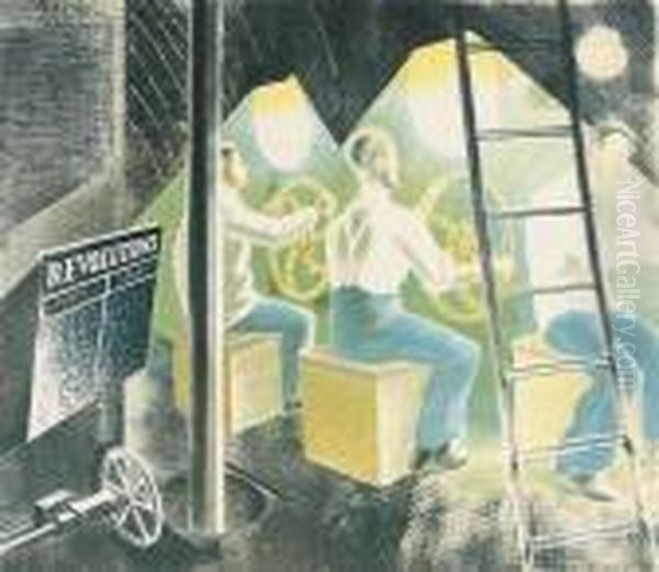 Men Operating Submarine Controls From 'submarines' Oil Painting by Eric Ravilious