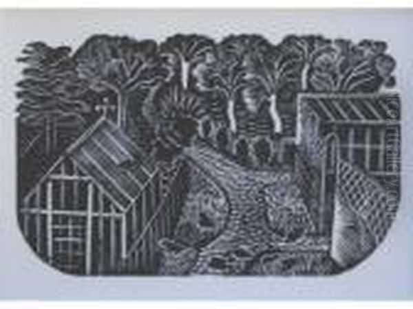 Plates From The St. Bride Notebook: Church; Cockerel; Garden Path;winter Trees; Faggots Oil Painting by Eric Ravilious