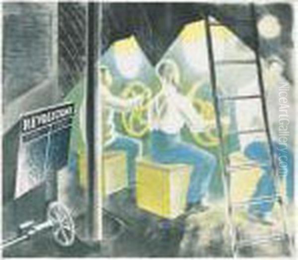 Submarines: Men Operating Submarine Controls Oil Painting by Eric Ravilious