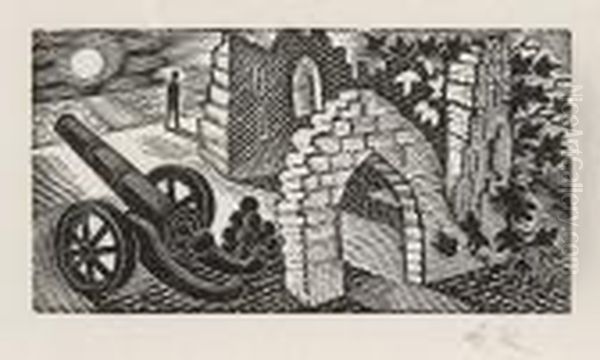 Figure And Canon Beside Ruins Oil Painting by Eric Ravilious