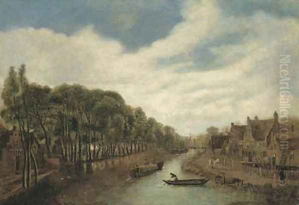 A river landscape with figures on a path by a village Oil Painting by Cornelius Decker