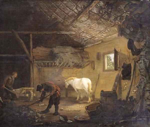 Grooms at work in a stable Oil Painting by Cornelius Decker