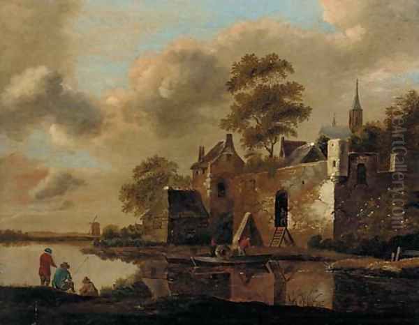 A river landscape with fishermen on a bank and a ferry arriving at a fortified village Oil Painting by Cornelius Decker