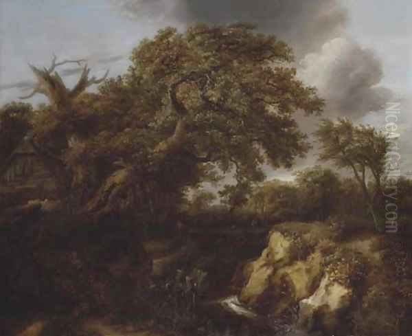 A wooded river landscape with travellers on a track by a cottage Oil Painting by Cornelius Decker