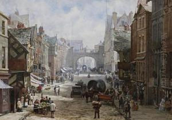 Eastgate Street, Chester, From 
East Of The Cross Looking Towards The Eastgate. The Grosvenor Hotel On 
The Right Oil Painting by Louise Rayner