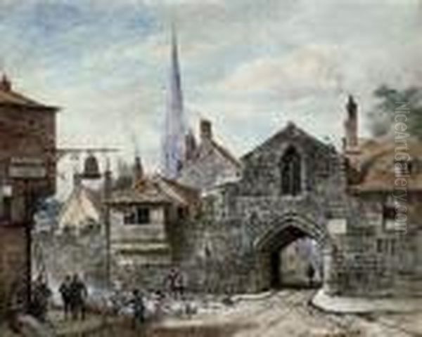 Herding Sheep Past The Gateway To The Close, Salisbury Oil Painting by Louise Rayner