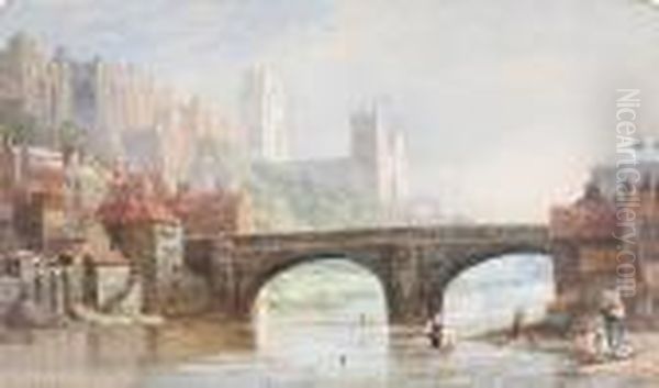 Durham Cathedral From Framwellgate Bridge, With Figures To The Foreground Oil Painting by Louise Rayner