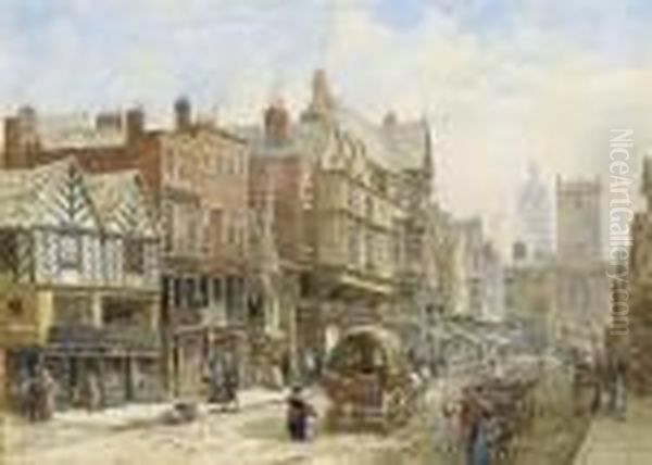 Bridge Street, Chester, With St. Peter's Church And Chester Townhall In The Background Oil Painting by Louise Rayner