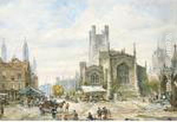 Great St Mary's Church And Market Place, Cambridge Oil Painting by Louise Rayner