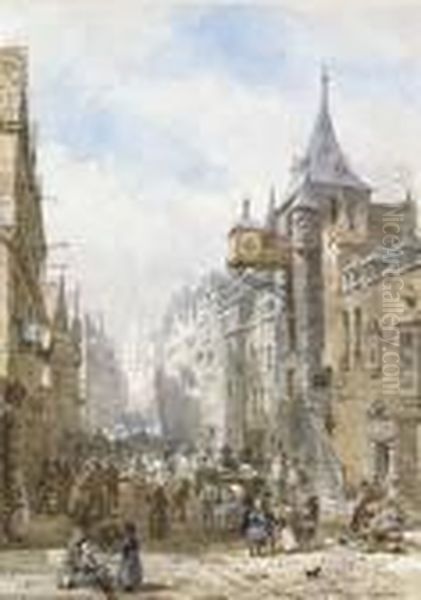 The Canongate Tolbooth Looking Up The Royal Mile Towards The Castle From Holyrood Palace Oil Painting by Louise Rayner