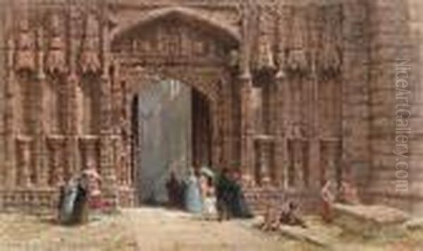 Figures Outside The West Door Of Chester Cathedral Oil Painting by Louise Rayner