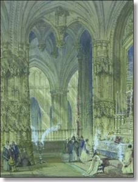 Cathedral Interior With Clergy And Other Figures Oil Painting by Samuel Read