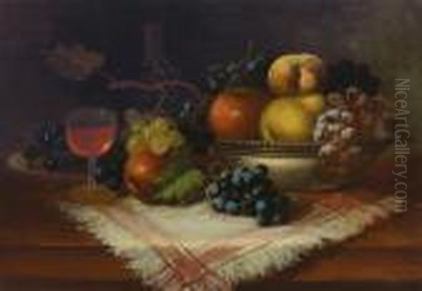 Still Life With Fruit And Wine Glass On A Tabletop Oil Painting by Carducius Plantagenet Ream