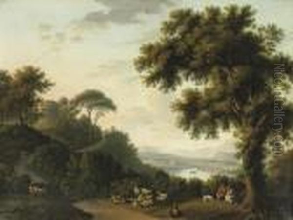 A Wooded River Landscape With Shepherds Making Music Oil Painting by Josef Rebell