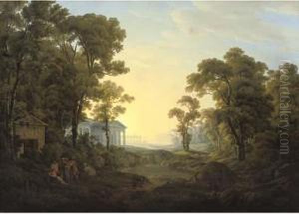 A Wooded Landscape With Figures 
In Ancient Dress By A Classicaltemple, Other Classical Buildings Beyond Oil Painting by Josef Rebell