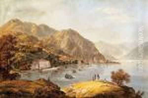 Hikers By The Lake Como Oil Painting by Josef Rebell