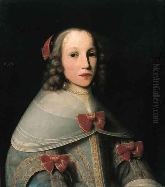 Portrait of Elisabeth Pruys van Oswaert (-1683), half length, wearing a light blue brocade dress with lace collar and red bows Oil Painting by Lambert Doomer