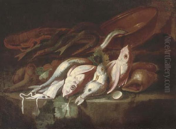 A Still Life Of Dead Fish With An Earthenware Pot On A Stone Ledge Oil Painting by Elena Recco