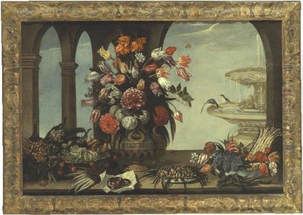 Still Life Of Flowers In A Vase,
 Artichokes, Lettuce, Pears, Fraises-de-bois And Cherries In A Bowl, 
Some Sliced Salami, Mushrooms On A Plate, Together With Flowers And 
Asparagus In A Bowl, A Fountain And Arcade Beyond Oil Painting by Giacomo Recco